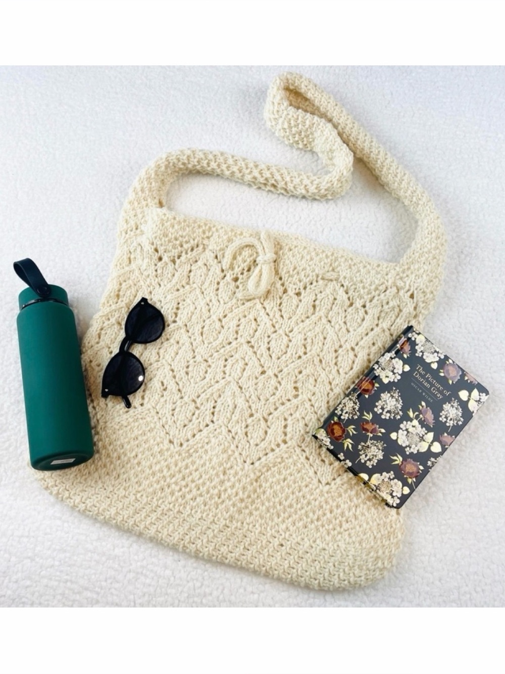 Handmade Cream Knitted Drawstring Crossbody Tote Bag